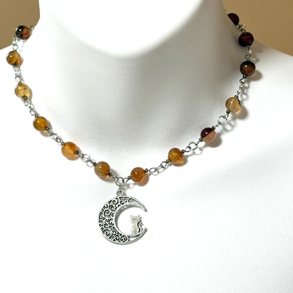 Genuine Earthy Carnelian Agate Short Necklace, Gemstone & Cat on the Moon Charm - Picture 2 of 15